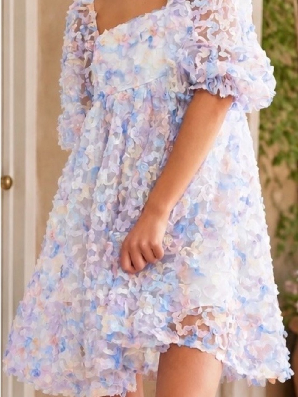Storia Pastel Blue Pink Cream Floral Appliqué Tulle Dress